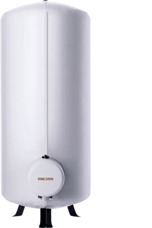 Stiebel Eltron Warmwasserspeicher in zylindrischer Form, mit einer glatten, weißen Oberfläche und einem runden Anschluss unten, auf vier schwarzen Standfüßen.