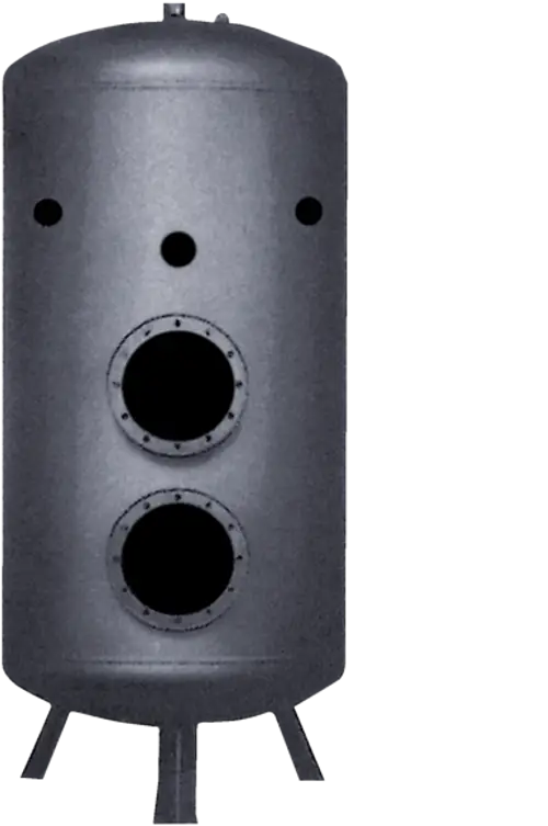 Stiebel Eltron Kombi-Standspeicher, zylindrischer Edelstahlbehälter mit zwei runden Öffnungen, auf drei Standbeinen. Schwarz lackiert.