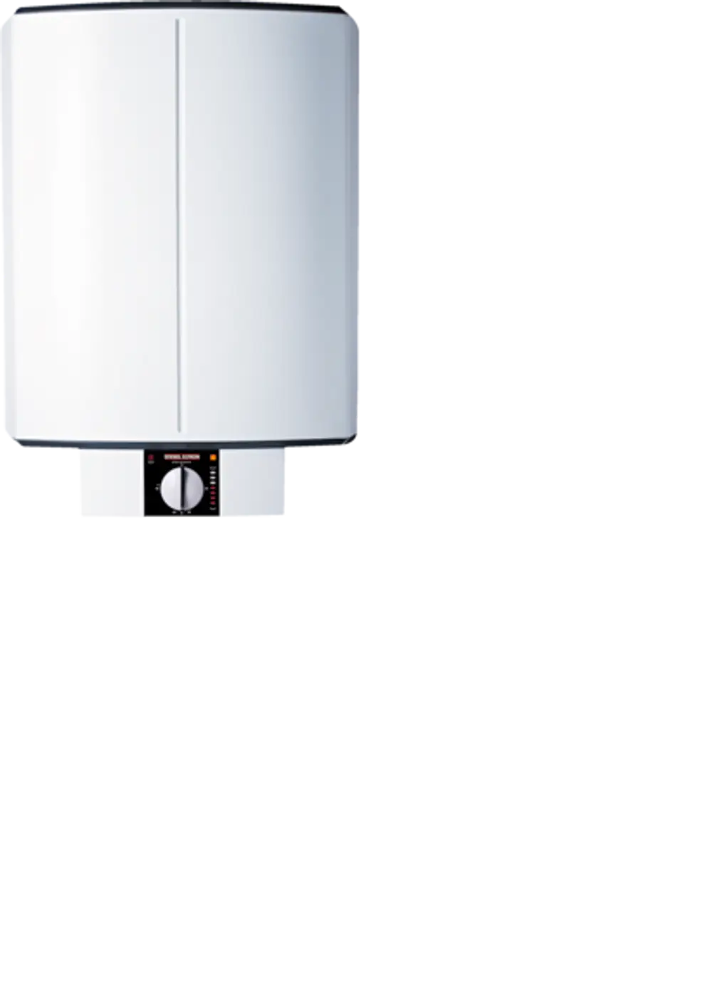 Weißer Warmwasserspeicher von Stiebel Eltron mit runder Form und Bedienfeld. Die Oberseite zeigt eine glatte Oberfläche, während die Front mit Bedienelementen ausgestattet ist.
