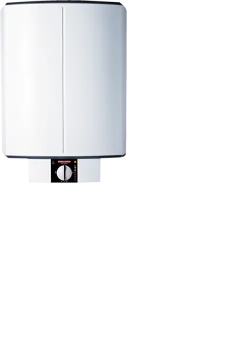 Weißer Warmwasserspeicher von Stiebel Eltron mit runder Form und Bedienfeld. Die Oberseite zeigt eine glatte Oberfläche, während die Front mit Bedienelementen ausgestattet ist.