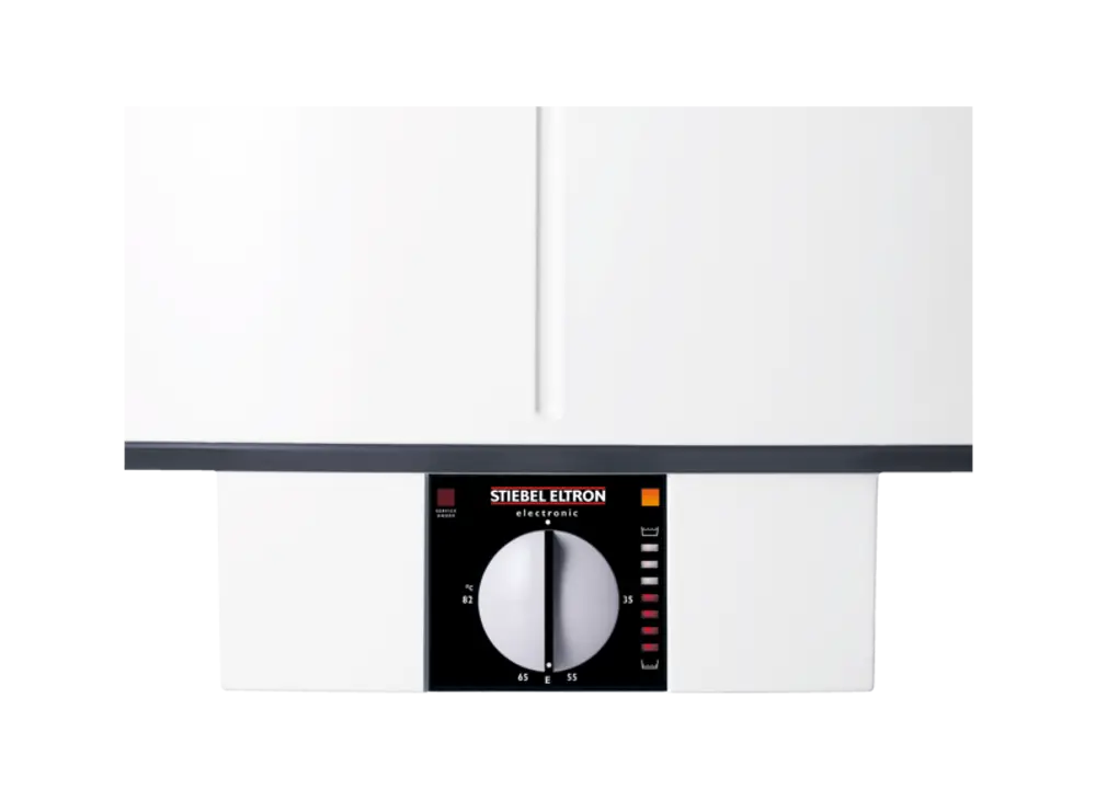 Stiebel Eltron Wandspeicher mit einem runden Temperaturregler und digitalen Anzeigen, montiert an einer hellen Wand, in einem kompakten Design.