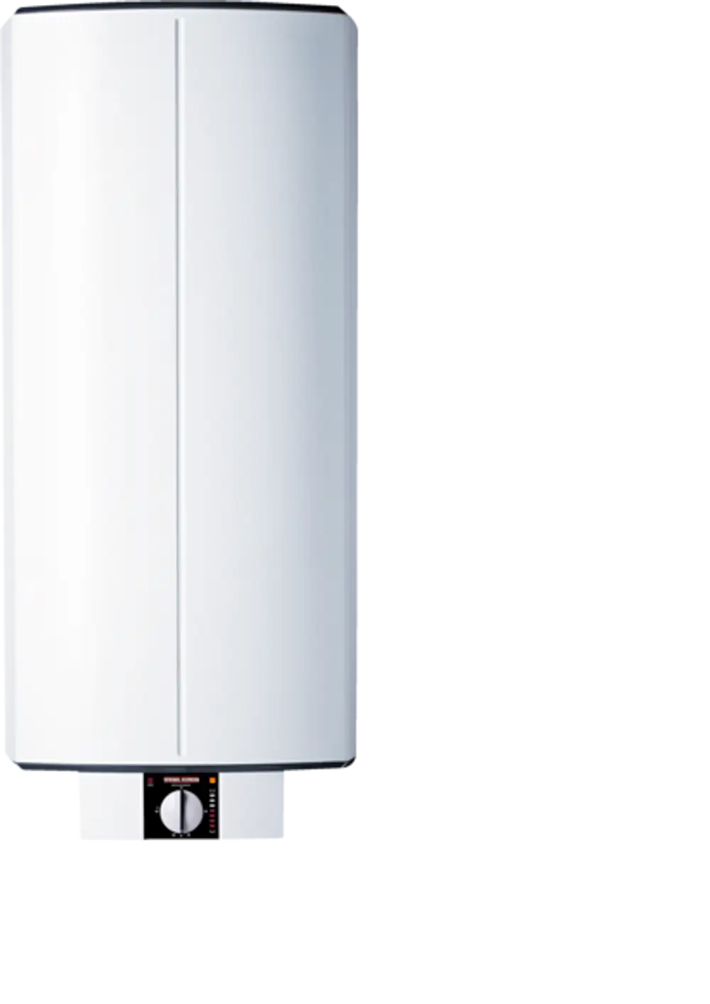 Vertikaler, weißer Warmwasserspeicher von Stiebel Eltron mit einem einstellbaren Temperaturregler und Steuerungselementen an der Unterseite.