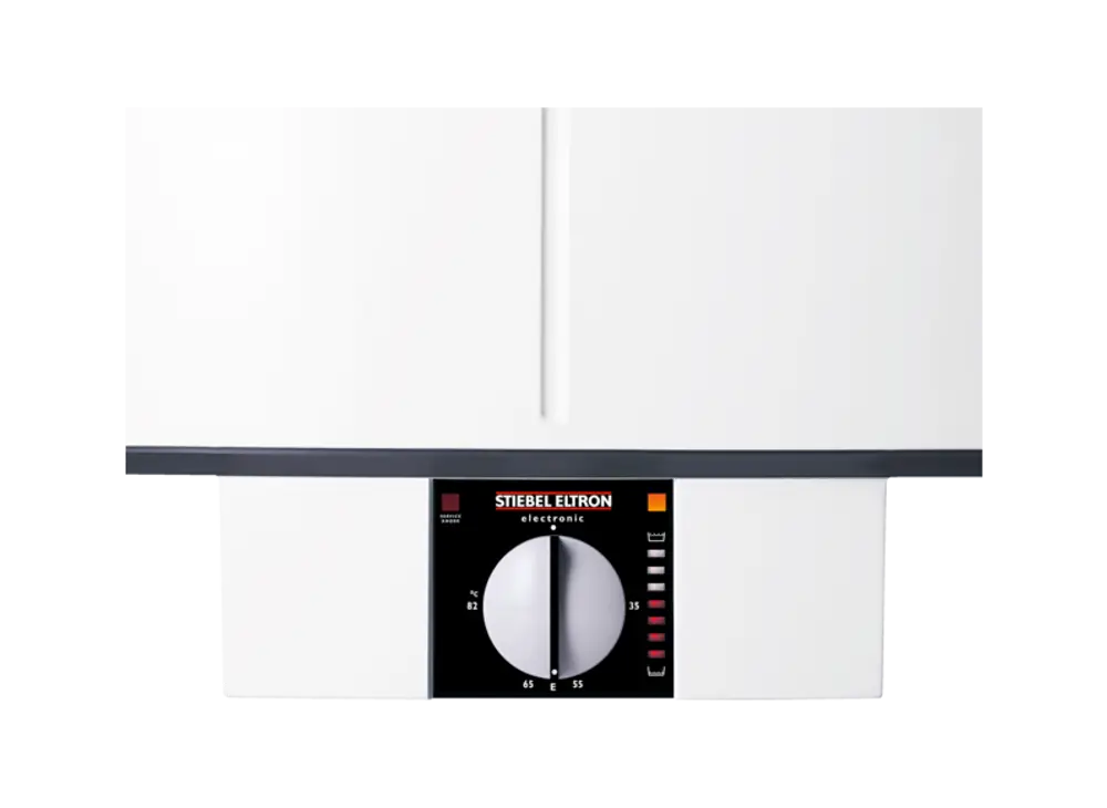Weißer Warmwasser-Wandspeicher von Stiebel Eltron mit einem einstellbaren Regler, der Temperaturwerte anzeigt. Gerät mit kompaktem Design zur Wandmontage geeignet.