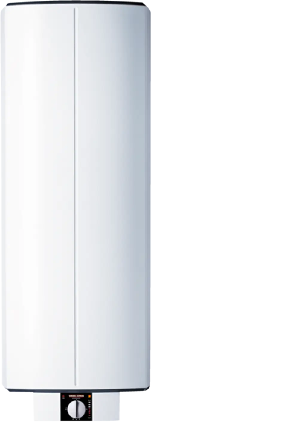 Weißer Warmwasser-Wandspeicher von Stiebel Eltron mit einem Regelbereich und Anzeigefunktionen im unteren Bereich. Vertikale, glatte Oberfläche ohne sichtbare Anschlüsse.