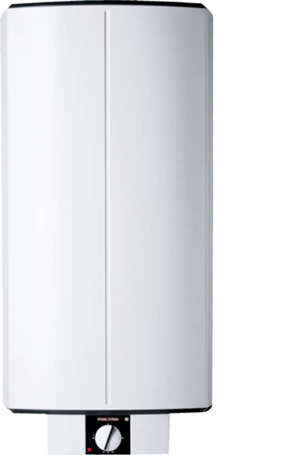 Weißer Wand-Speicher von Stiebel Eltron mit einem runden Drehregler und einem Anzeigelicht, geeignet für die Warmwasserversorgung.