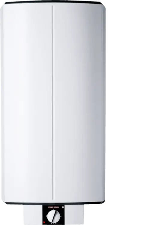 Weißer Wand-Speicher von Stiebel Eltron mit einem runden Drehregler und einem Anzeigelicht, geeignet für die Warmwasserversorgung.