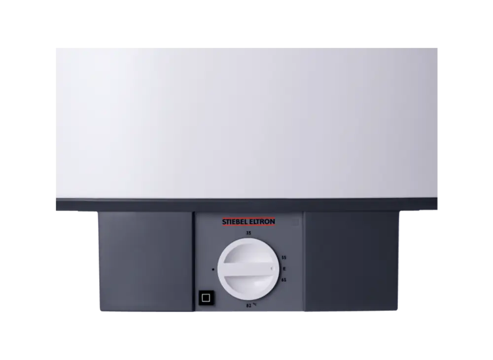 Weißer Warmwasserspeicher von Stiebel Eltron mit Bedienelement und Temperatureinstellung, geeignet für die Wandmontage. Klar strukturierte Oberfläche.