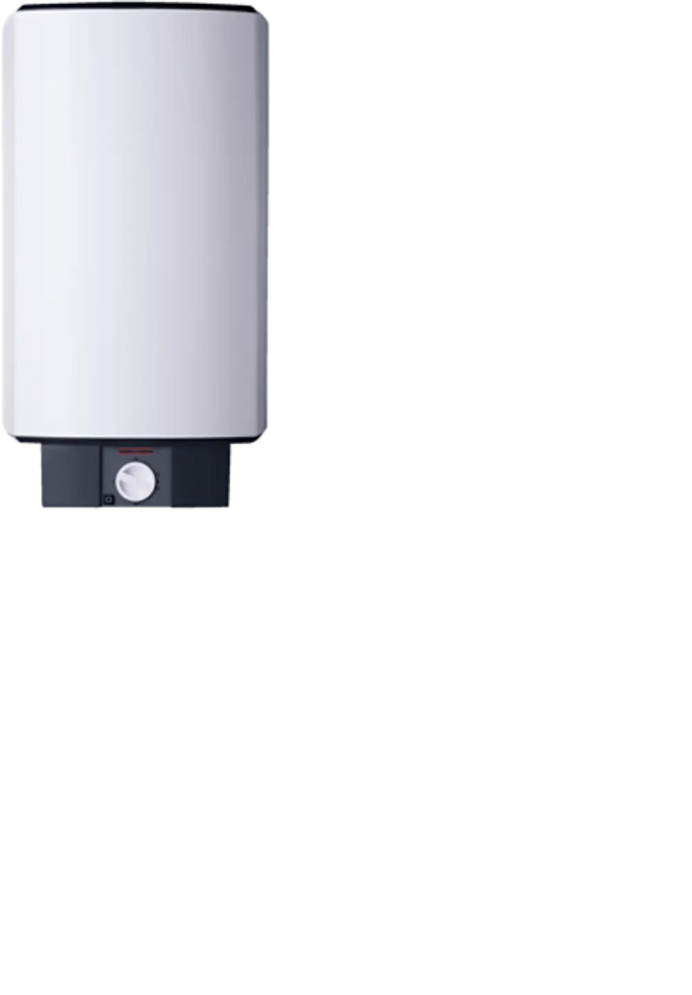 Weißer Warmwasser-Wandspeicher von Stiebel Eltron mit runder Form und einem Bedienelement an der Unterseite.