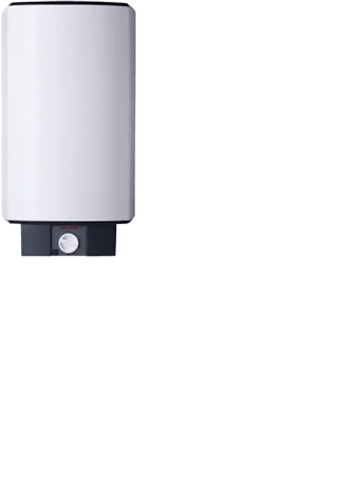 Weißer Warmwasser-Wandspeicher von Stiebel Eltron mit runder Form und einem Bedienelement an der Unterseite.