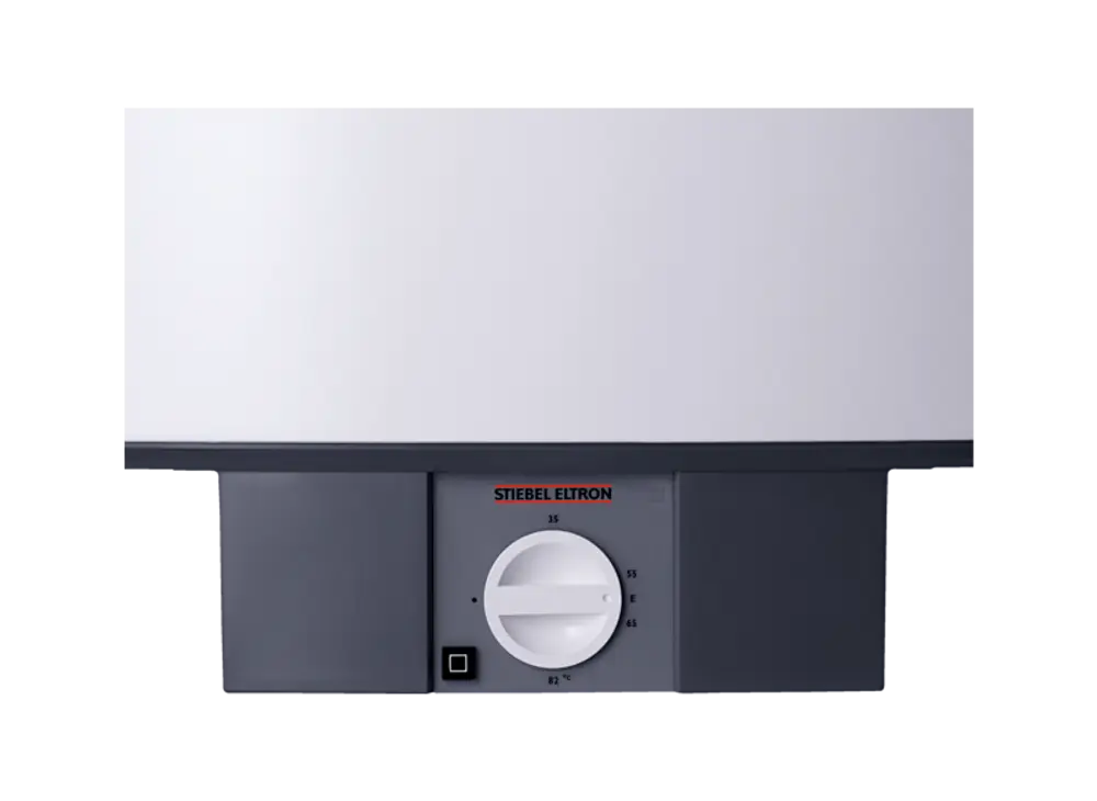 Stiebel Eltron Warmwasser-Wandspeicher mit einem Drehregler zur Temperatureinstellung und einem modernen Design in Weiß.