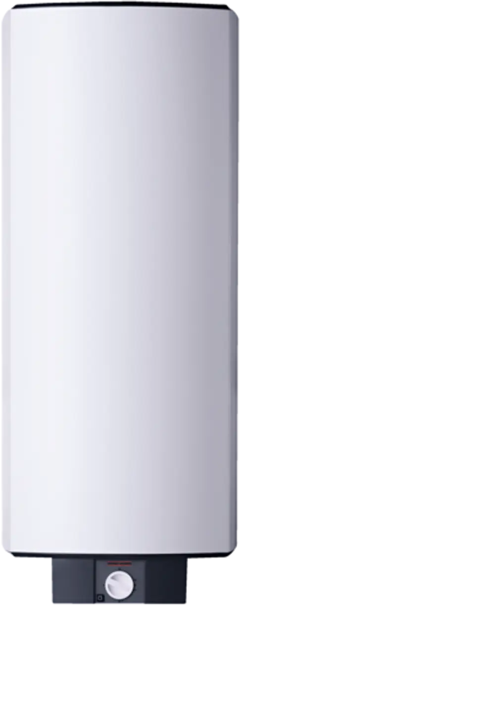 Stiebel Eltron Warmwasser-Wandspeicher in weißer Farbe, vertikal montiert, mit steilem, glatten Gehäuse und einem Steuerknopf an der Unterseite.