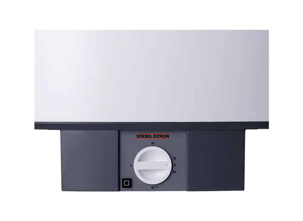 Wandspeicher von Stiebel Eltron mit einem runden Regler und Temperaturmarkierungen, montiert an einer vertikalen weißen Wand.