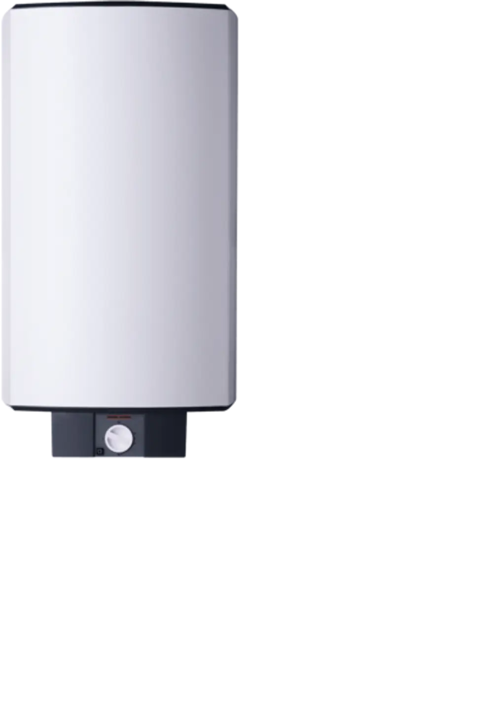Stiebel Eltron Warmwasser-Wandspeicher in vertikaler Bauweise, mit glatter Oberfläche und einem regulatorischen Bedienelement unten. Weißes Gehäuse ohne sichtbare technische Details.