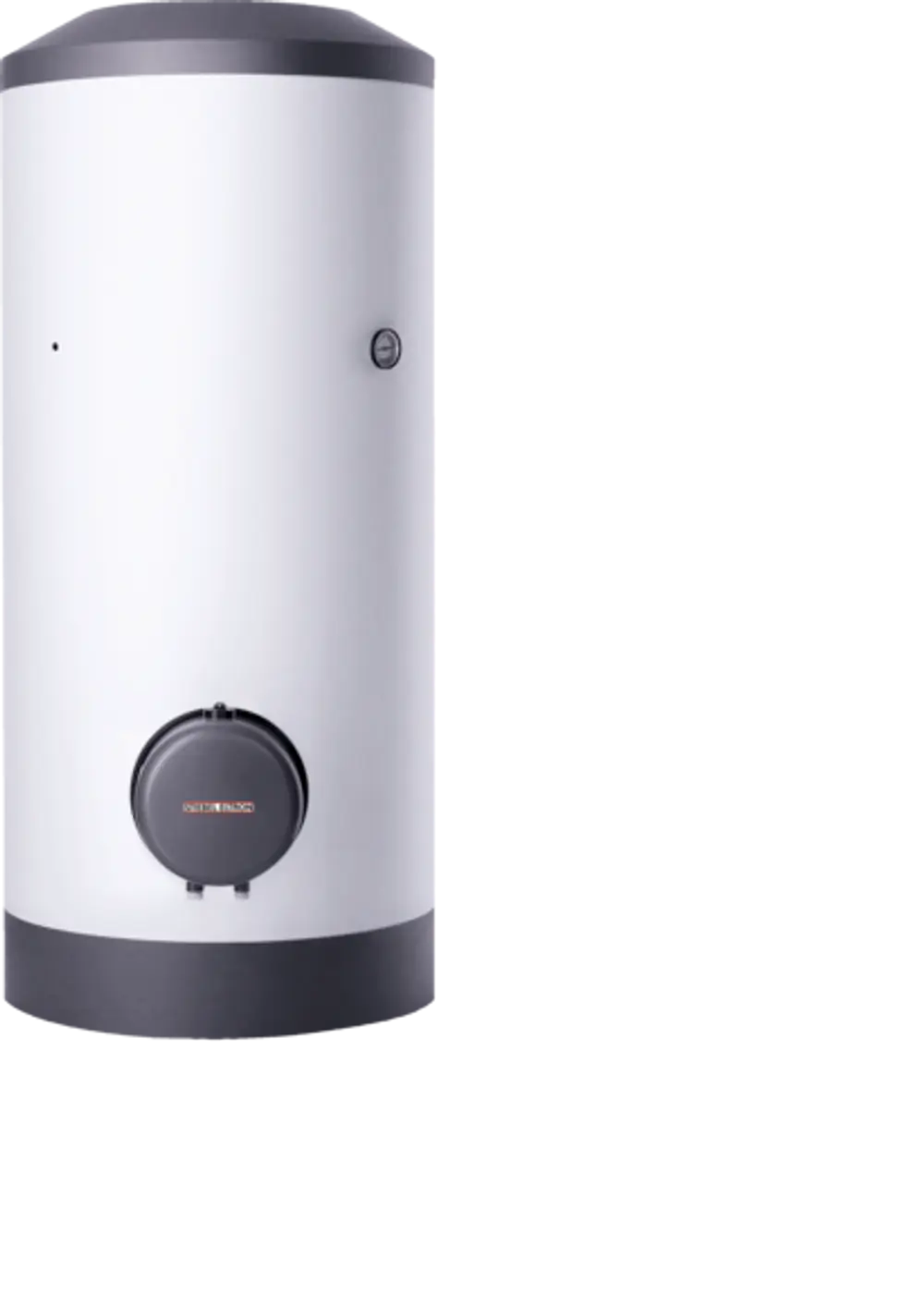 Stiebel Eltron Warmwasser-Standspeicher, zylindrische Form in Weiß, mit einem oberen Bedienelement und einem Anschluss an der Unterseite.