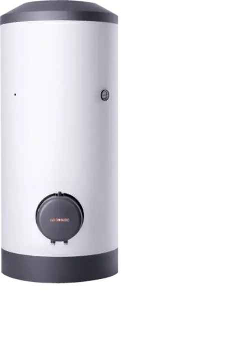 Stiebel Eltron Warmwasser-Standspeicher, zylindrische Form in Weiß, mit einem oberen Bedienelement und einem Anschluss an der Unterseite.