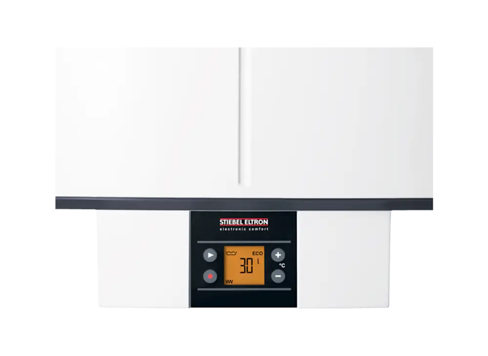 Weißer Wandspeicher von Stiebel Eltron mit LCD-Display, Bedienelementen zur Temperatur- und Leistungsregelung. Gerät zur Warmwasserbereitung, kompakte Bauweise.