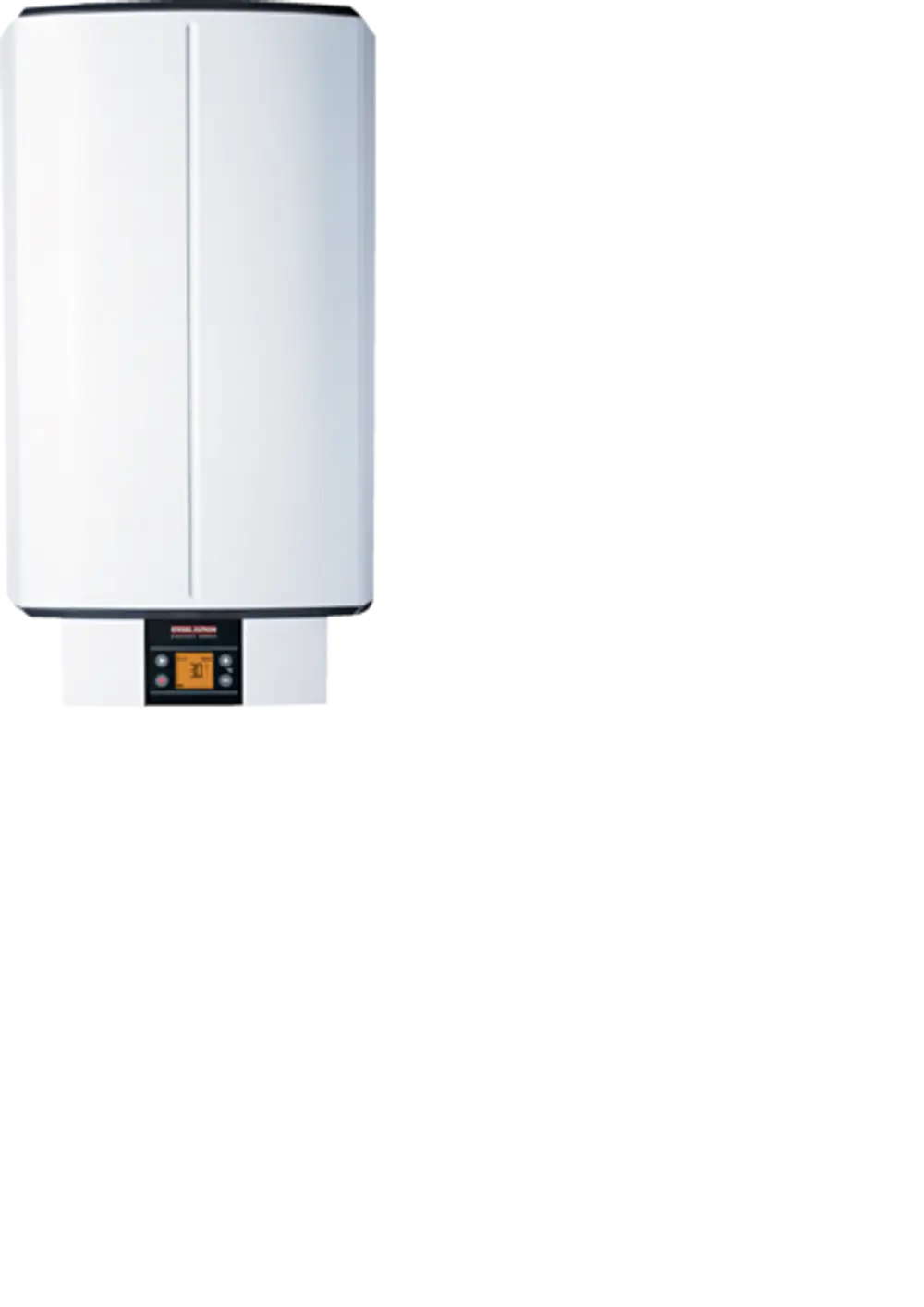 Wandspeicher in Weiß, ausgestattet mit einem digitalen Display. Das Gerät zeigt Temperatur- und Funktionsinformationen an und ist für die Wandmontage konzipiert. Marke: Stiebel Eltron.