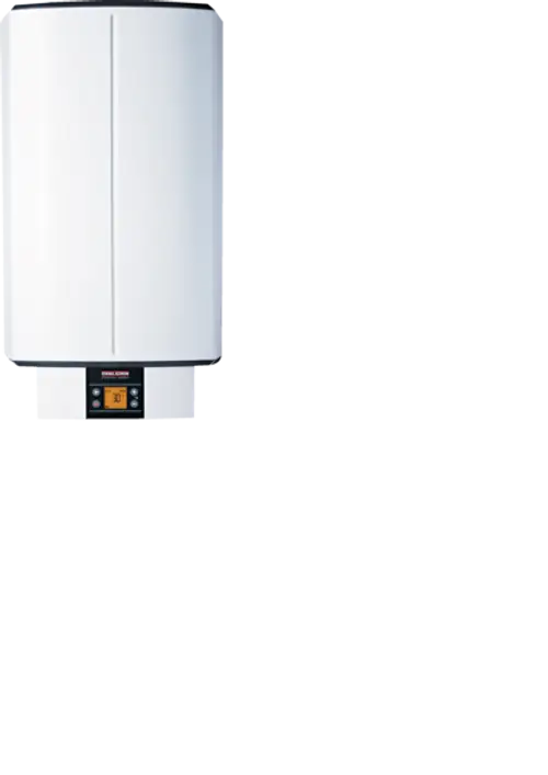 Wandspeicher in Weiß, ausgestattet mit einem digitalen Display. Das Gerät zeigt Temperatur- und Funktionsinformationen an und ist für die Wandmontage konzipiert. Marke: Stiebel Eltron.