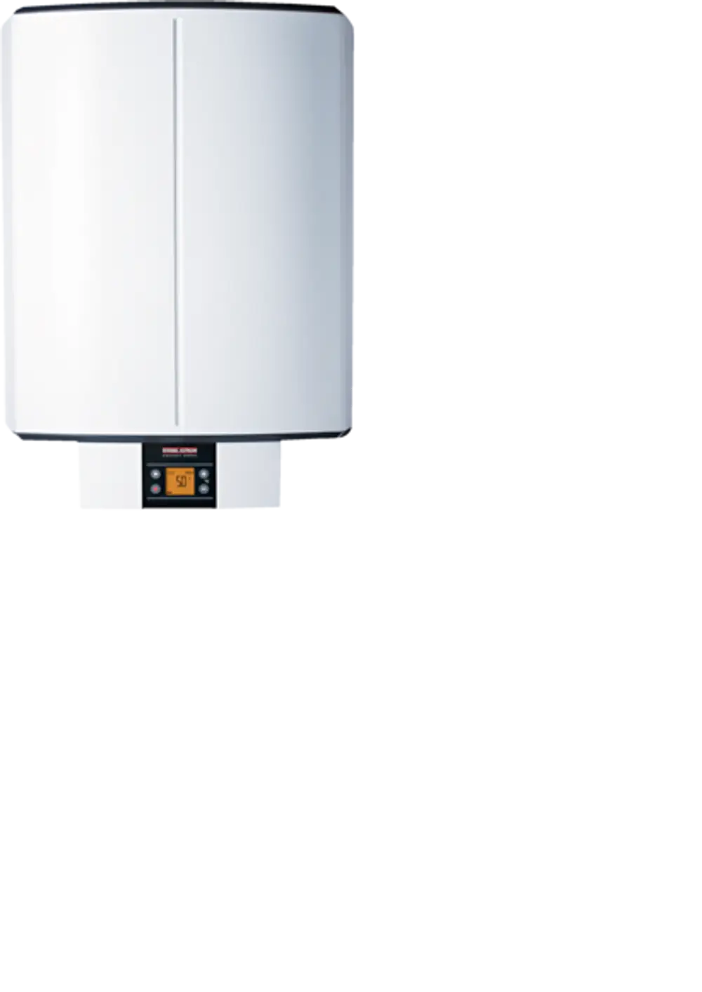 Weißer Wandspeicher von Stiebel Eltron mit digitalem Display, unterem Bedienelement und zwei vertikalen Linien auf der Frontseite.