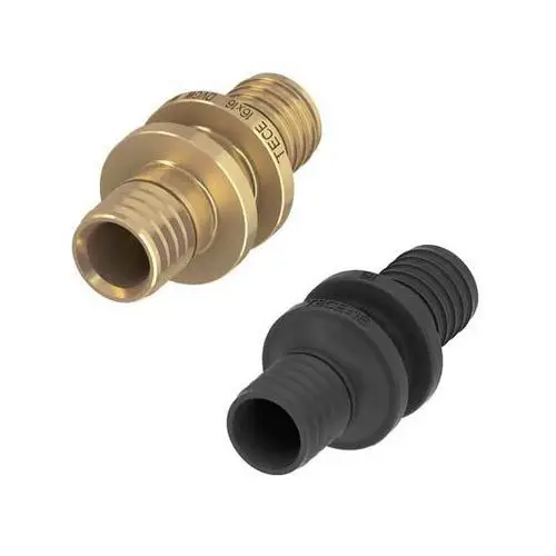 Zwei Rohrverbindungsstücke, eines aus Messing und eines aus schwarzem Kunststoff, beide mit einem Außengewinde für TECEflex Rohrsysteme.