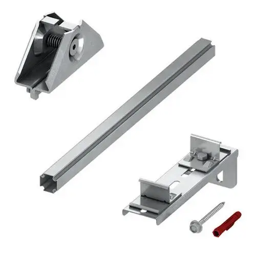Installationskomponenten aus Metall für Wandmontagen, einschließlich einer Halterung, einer Schiene und Schrauben.