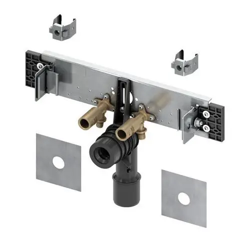 Montageset für Installationswände mit Rohren und Halterungen, einschließlich Metall- und Kunststoffteilen zur Befestigung und Verbindung.