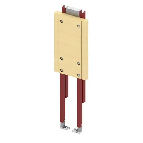 Darstellung eines Montageelements mit Holzplatte und roten Stahlbeinen, geeignet für Installationswände in der Bau- und Sanitärtechnik.