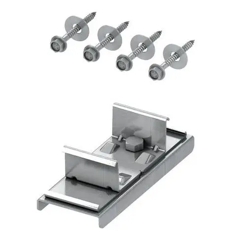 Eine Montagebasis aus Metall mit zwei seitlichen Halterungen und vier darunter liegenden Schrauben zur Befestigung.