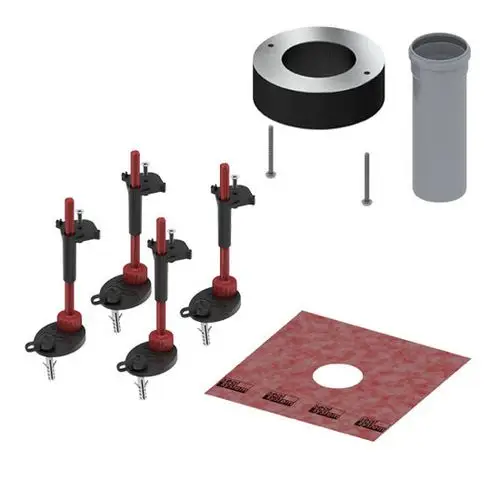 Set mit fünf Ablaufgarnituren, einer Rinnenabdeckung, Schrauben und einem Rohr, geeignet für die TECEdrainline Entwaesserungstechnik.