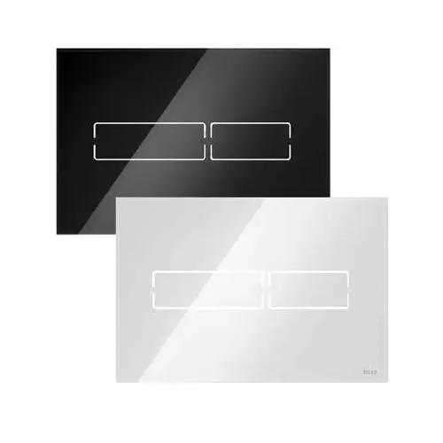 Zwei WC-Betätigungsplatten in Schwarz und Weiß mit zwei rechteckigen Tasten, die einen modernen und eleganten Look bieten.