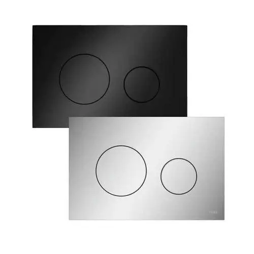 Zwei WC-Betätigungsplatten in Schwarz und Silber mit zwei kreisförmigen Druckflächen.