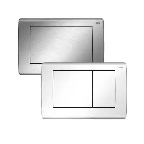 Zwei WC-Betätigungsplatten in Edelstahl und Weiß, jeweils mit unterschiedlichen Designs und Größen.