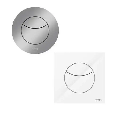 Zwei WC-Betätigungen in verschiedenen Designs: eine runde, silberne Betätigung und eine quadratische, weiße Betätigung, beide mit grazilem, minimalistischen Muster.