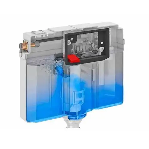 Schematische Darstellung eines WC-Spülkasten mit Wasserstand und internen Mechanismen, inklusive Betätigungselementen und Ablauf.