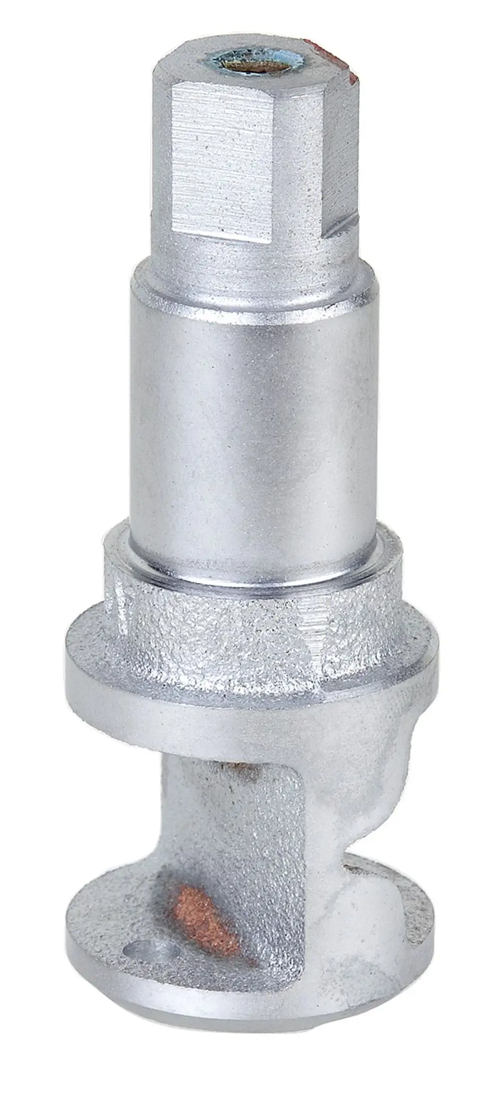 Drehschieber von Resideo, gefertigt aus Metall mit einer quadratischen Aufnahme oben, einem runden Fuß und einer Öffnung seitlich, geeignet für Mischsysteme.