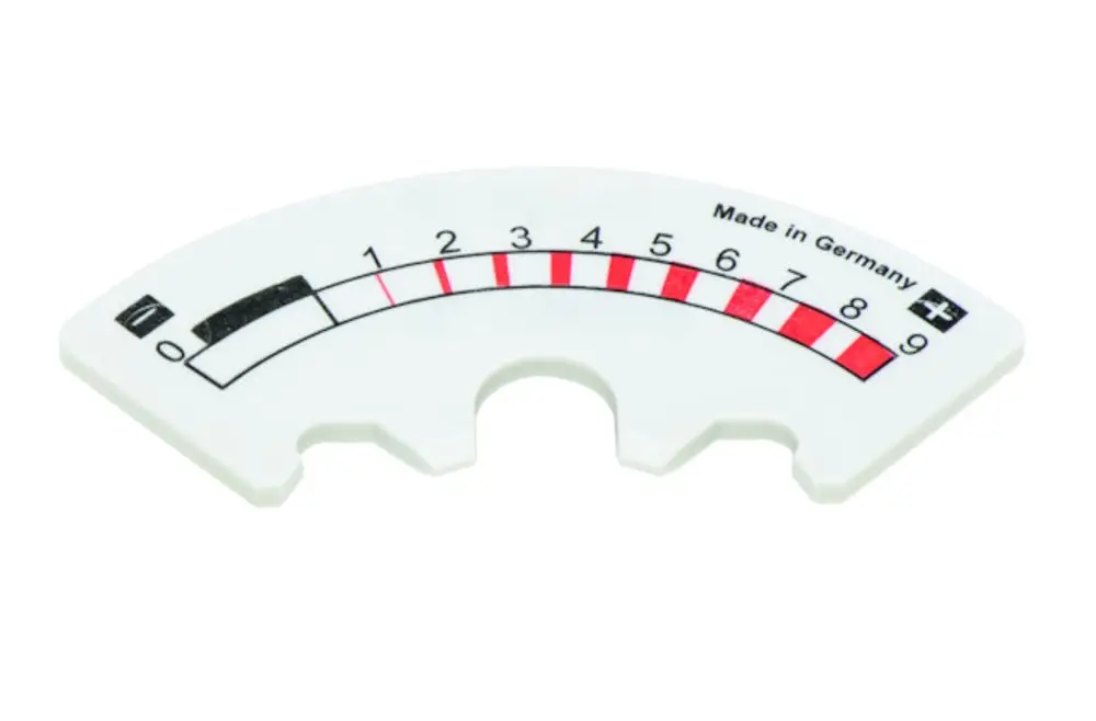 Skala von Resideo für Mischgeräte, mit markierten Werten von 0 bis 9, zur einfachen Ablesung von Einstellungen. Hergestellt in Deutschland.