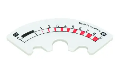Skala von Resideo für Mischgeräte, mit markierten Werten von 0 bis 9, zur einfachen Ablesung von Einstellungen. Hergestellt in Deutschland.
