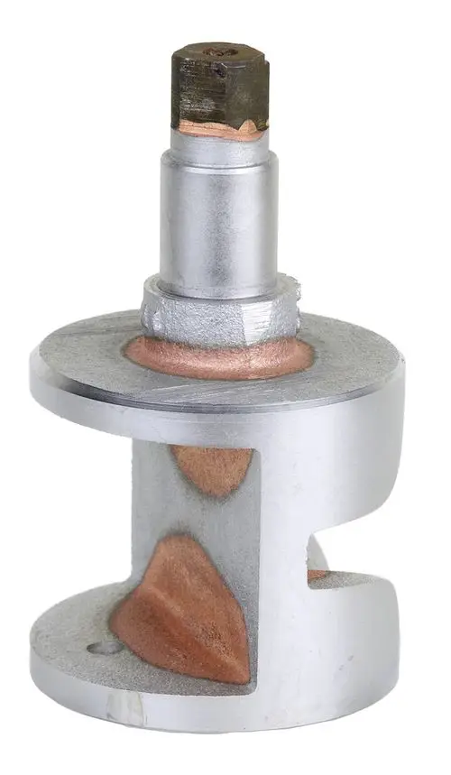 Drehschieber mit einem zylindrischen Abschnitt, made by Resideo, geeignet für Mischsysteme, zeigt eine zentrale Achse sowie eine ovale Öffnung für den Durchfluss.