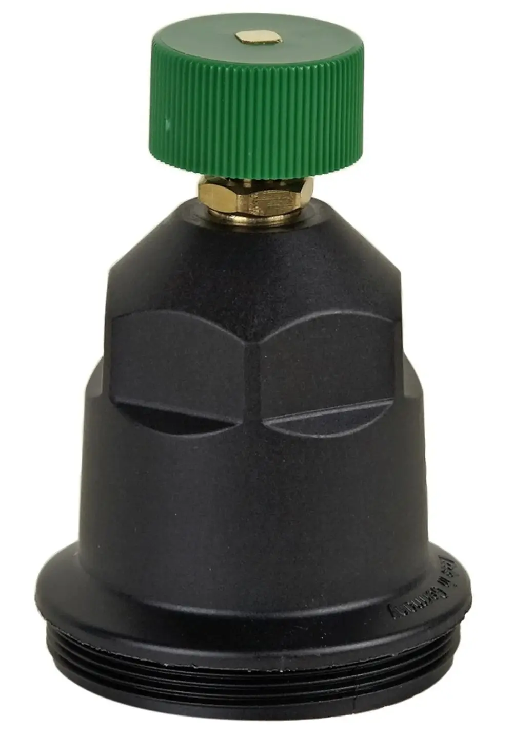 Schwarze Druckminderer-Federhaube von Resideo mit grünem Drehknopf und einem Anschluss für die Montage am Druckminderer, ohne Feder.