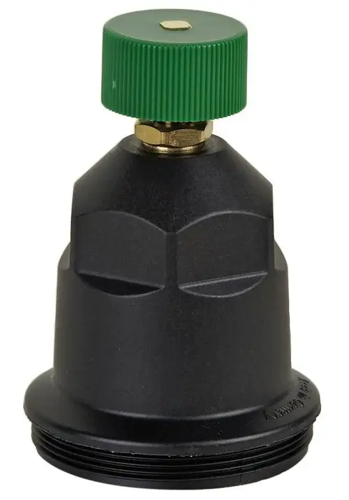 Schwarzes Ventil mit grünem Drehknopf, geeignet für Wassersteuerung oder Anschluss an Wasserleitungen.