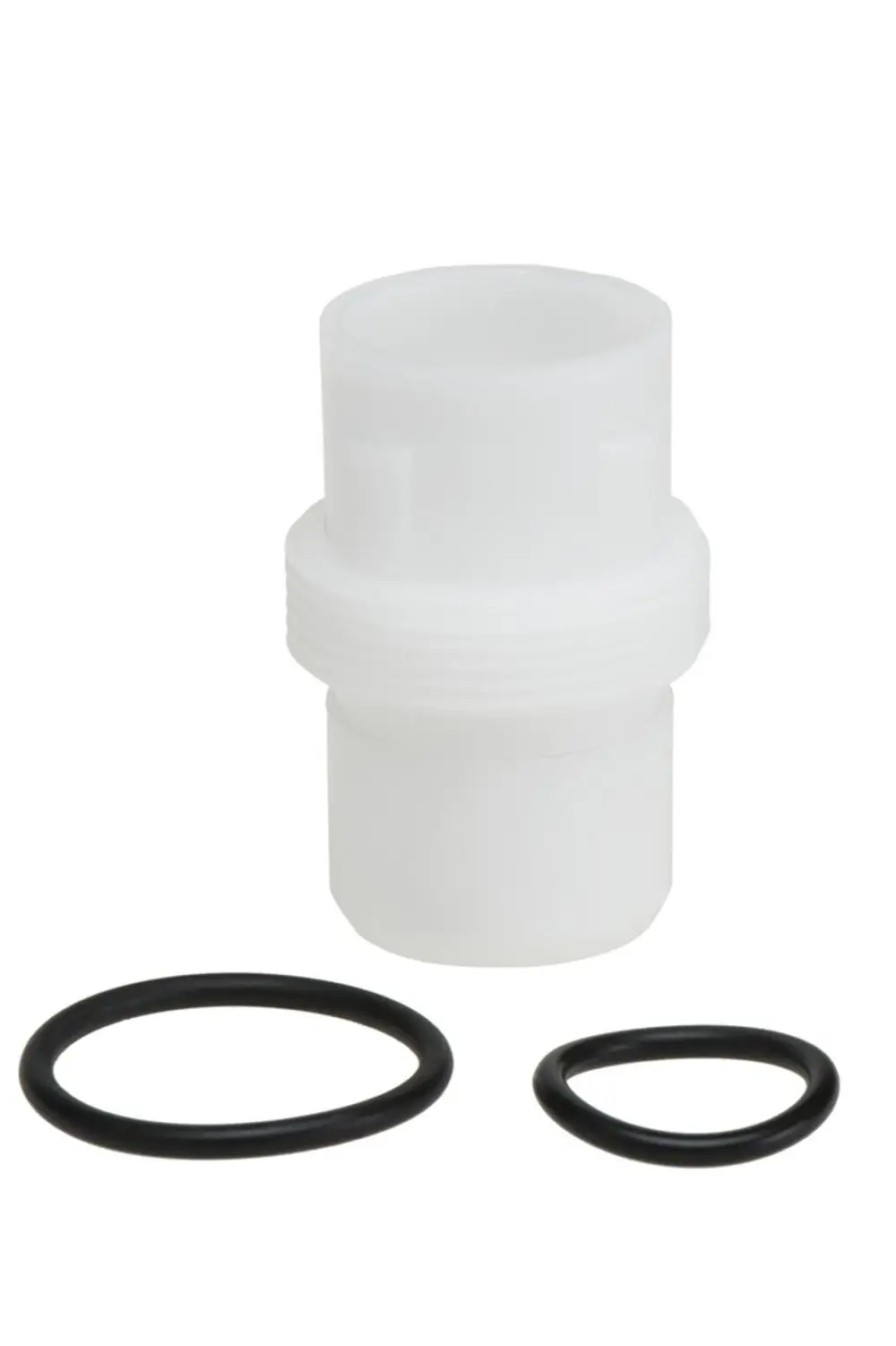 Weißer Kunststoffadapter mit Gewinde und zwei O-Ringen, geeignet für Anschlussanwendungen. Produkt von Resideo.
