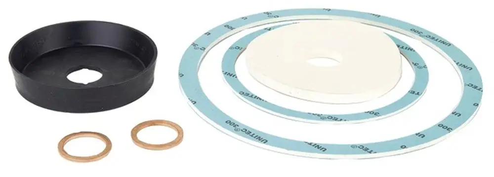 Dichtungssatz bestehend aus mehreren Ringen und einer schwarzen Basis. Teile zur Verwendung in Druckminderern, hergestellt von Resideo.