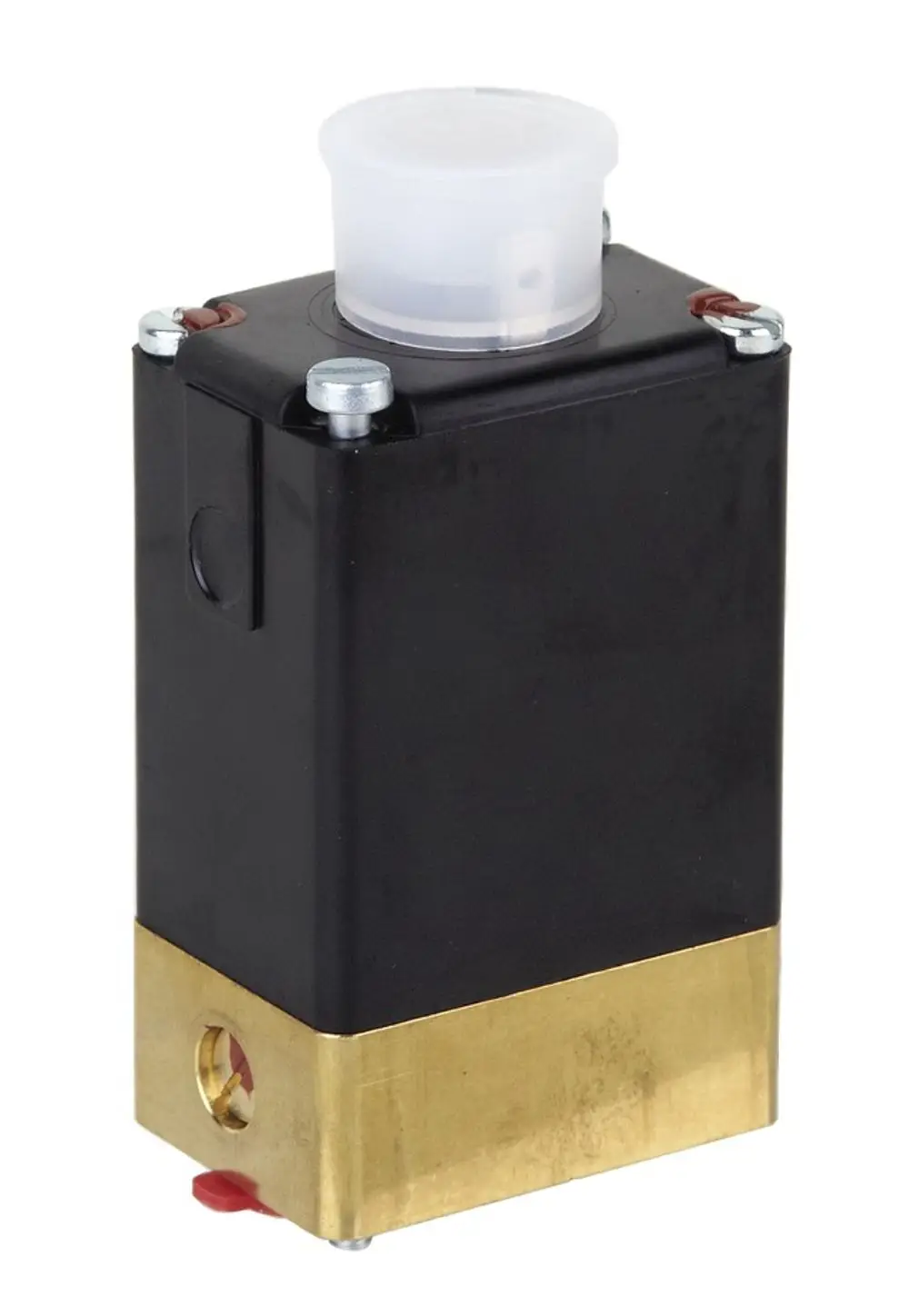 Magnetventil in schwarzem Gehäuse mit goldfarbenem Metallboden und transparentem Deckel. Produkt von Resideo, geeignet für den Einsatz in hydraulischen Systemen.
