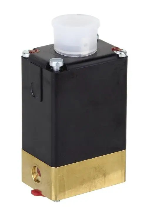 Magnetventil in schwarzem Gehäuse mit goldfarbenem Metallboden und transparentem Deckel. Produkt von Resideo, geeignet für den Einsatz in hydraulischen Systemen.