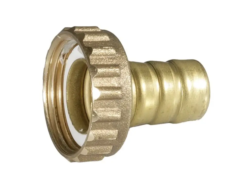 Brass-Anschlussstück von Resideo mit einer geriffelten äußeren Oberfläche und einem glatten Einlass zur Verbindung mit Füllarmaturen.