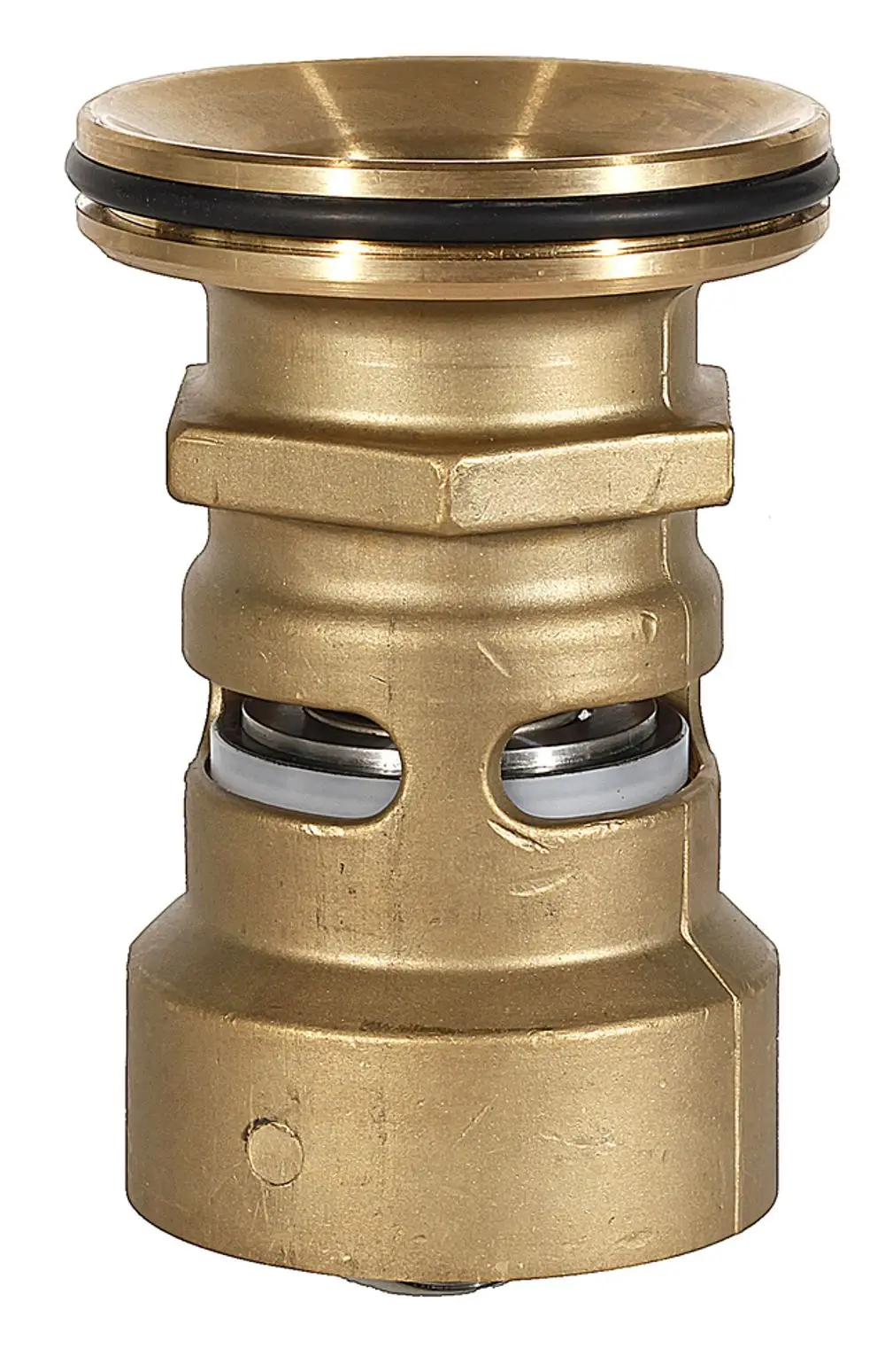 Ablassventil aus Metall mit O-Ring, das für Heizungs- und Sanitärsysteme von Resideo geeignet ist. Es zeigt eine zentrale Öffnung und zwei seitliche Durchbrüche.