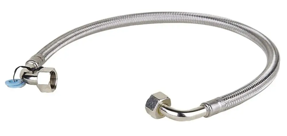 Edelstahlflexschlauch mit zwei Anschlussverschraubungen, hergestellt von Resideo, für den Einsatz in hydraulischen Systemen.