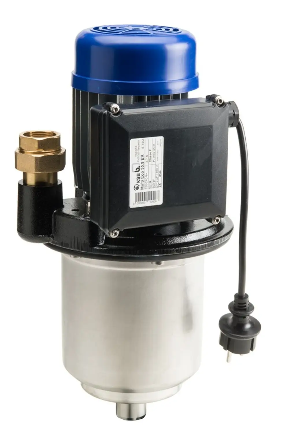 Pumpe mit blauem Oberteil und silbernem Gehäuse für Sicherheitstrennstation, abgebildet von Resideo. Anschluss mit Stecker und Gewinde zur Verbindung.