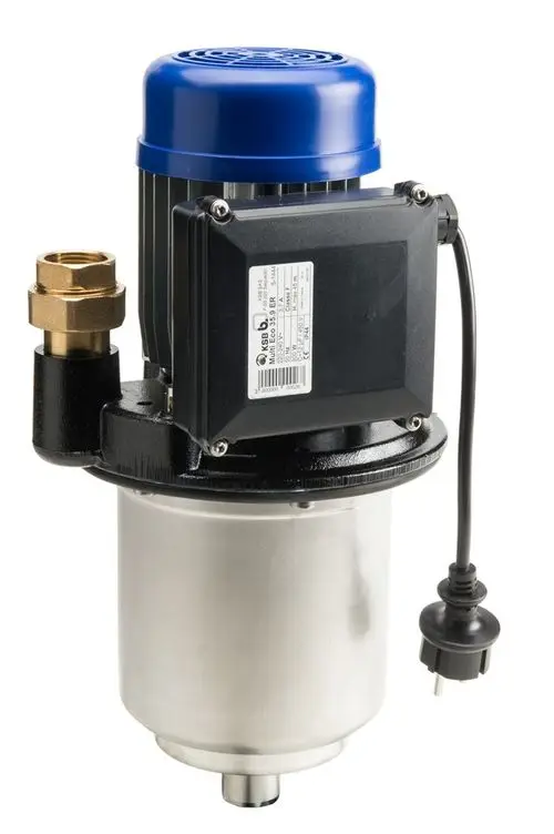 Pumpe mit blauem Oberteil und silbernem Gehäuse für Sicherheitstrennstation, abgebildet von Resideo. Anschluss mit Stecker und Gewinde zur Verbindung.