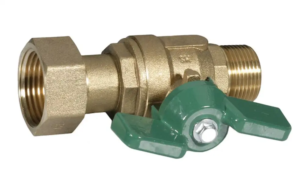 Messing-Ventil mit grünem Handrad zum Absperren von Wasserleitungen, hergestellt von Resideo. Das Ventil hat ein gewinde- und eine mutterartige Verbindung.